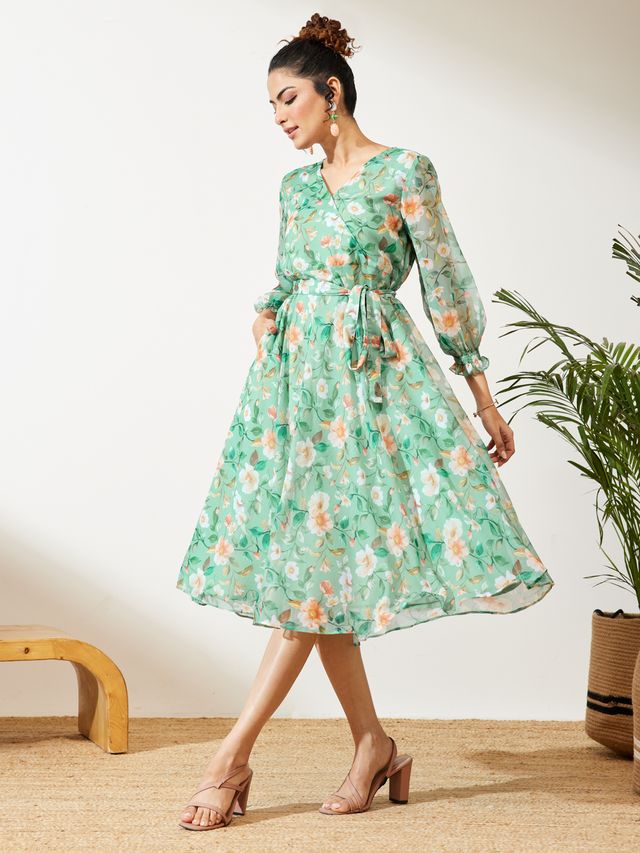 Janasya Mint Fit & Flare Chiffon Dress - Dista