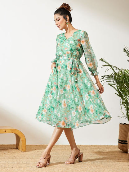Janasya Mint Fit & Flare Chiffon Dress - Dista