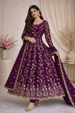 Thumbnail for Teeya Creation Wine Color Faux Georgette Long Party Wear Gown - Distacart