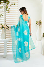 Thumbnail for Vastranavya Sky Blue Digital Printed Linen Ready To Wear Designer Saree with Unstitched Blouse - Distacart