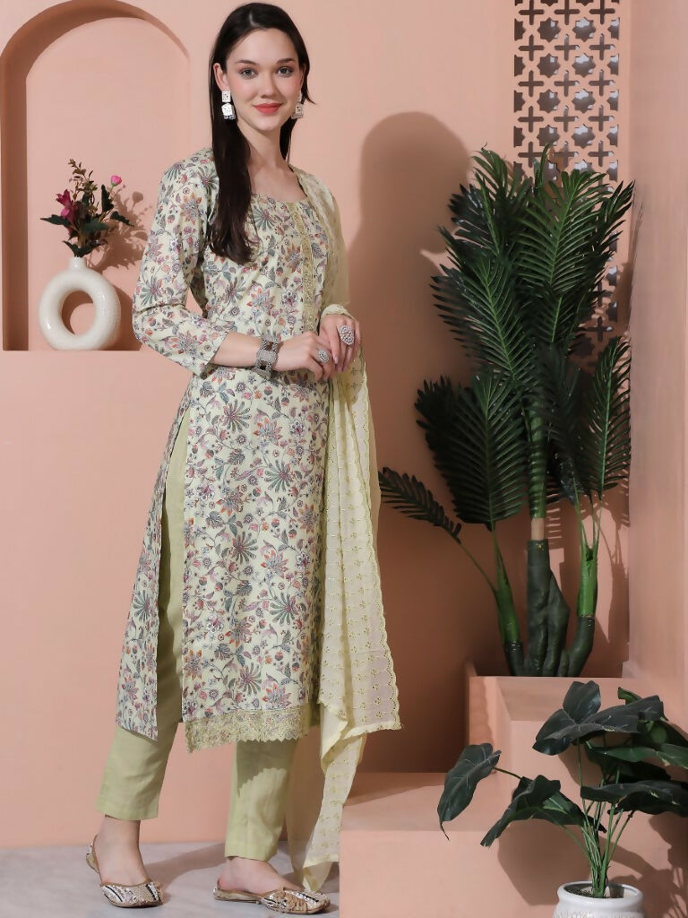Jyoti Fashion Women's Green Cotton Floral Digital Printed Kurta with Trouser & Dupatta - Distacart
