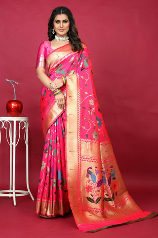 Jyoti Fashion Women's Pink Paithani Silk Zari Woven Saree with Blouse - Distacart