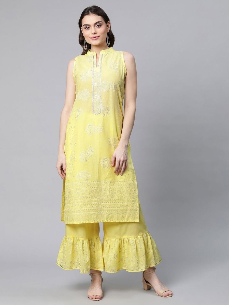 Ahalyaa Women Yellow Colour Pure Cotton Glitter Print Kurta Palazzo Set - Distacart
