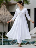 Thumbnail for The52 White Women's Gorgeous Embroidered Chanderi Fabric Straight Kurta, Pant and Dupatta Set - Distacart