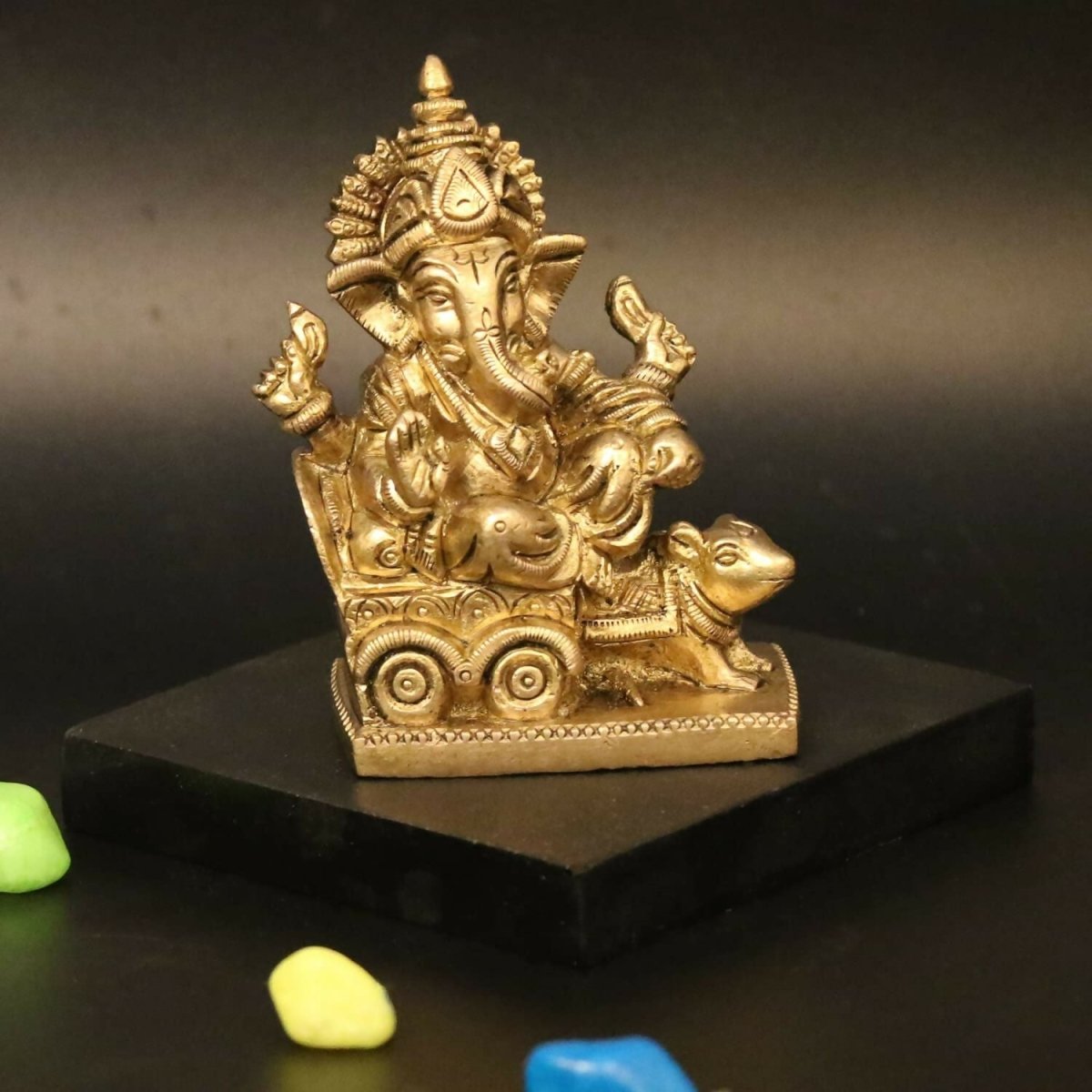 Artvarko Brass Ganesha Riding On Chariot Pulled By Rat Ganesh Ganpati Statue Idol - Distacart