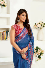 Thumbnail for Joban Fashion Navy Blue Kalamkari & Ajrakh Linen Ready To Wear Saree With Unstitched Blouse - Distacart