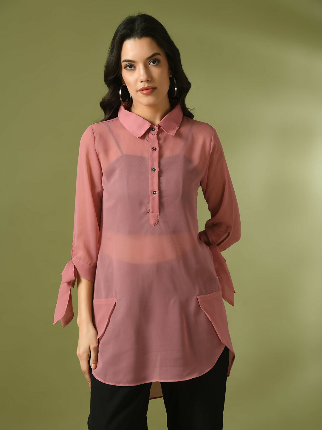 Myshka Women's Pink Solid Georgette Longline Party Sheer Tunic - Distacart