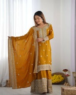 Thumbnail for Joban Fashion Mustard Kurta Set Silk Sequins , Zari, Coding & Thread Embroidered work - Distacart