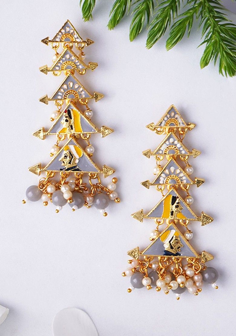 New Partywear Gray Raja Rani Meenakari Drop Earrings for Womens by House of Ree - Distacart