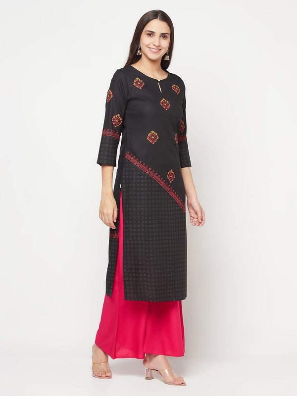 Aniyah Rayon Block Print Straight Kurta - Black