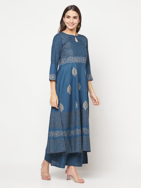 Aniyah Rayon Block Print Blue Anarkali Palazzo Set