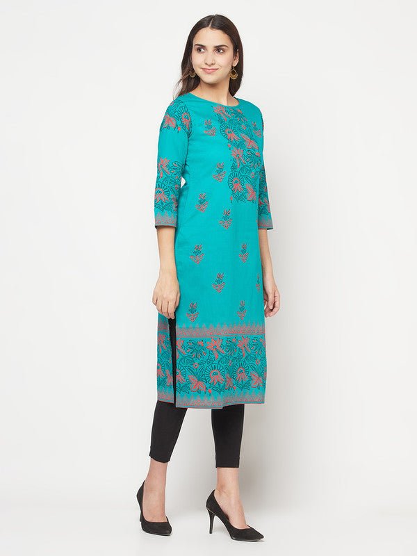 Aniyah Turquoise Cotton Block Print Straight Kurta