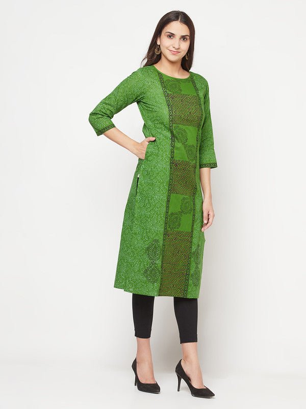 Aniyah Cotton Block Print Green Straight Kurta
