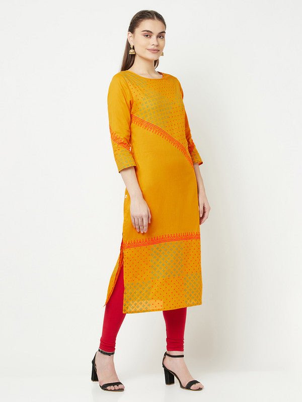 Aniyah Cotton Block Print Mustard Color Straight Kurta