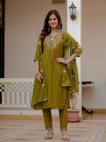 Thumbnail for Pramukh Fab Mehendi Green Color Viscose Mango Silk Kurta Set - Distacart