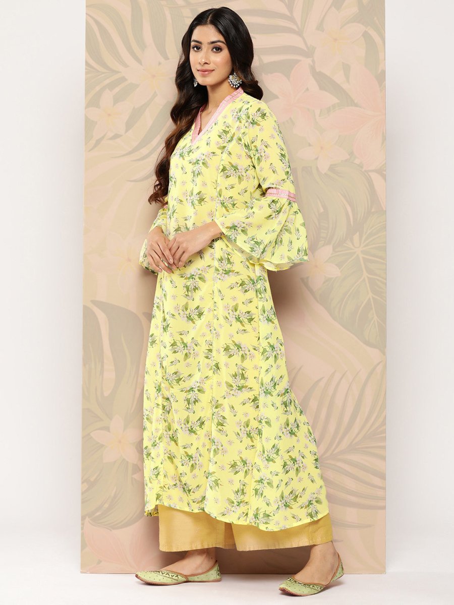 Ahalyaa Floral Printed Bell Sleeves Gotta Patti Georgette Kurta - Distacart