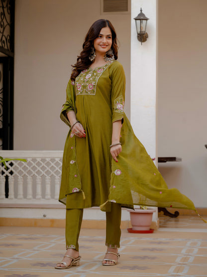 Pramukh Fab Mehendi Green Color Viscose Mango Silk Kurta Set - Distacart