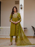 Thumbnail for Pramukh Fab Mehendi Green Color Viscose Mango Silk Kurta Set - Distacart