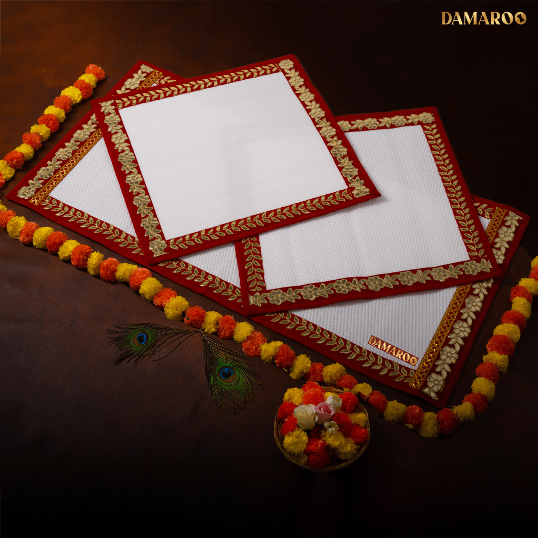 Damaroo Combo Pack of 3 | Classic Nylon Pooja Aasan & Mat | Red Gotapatti Border - White - Distacart
