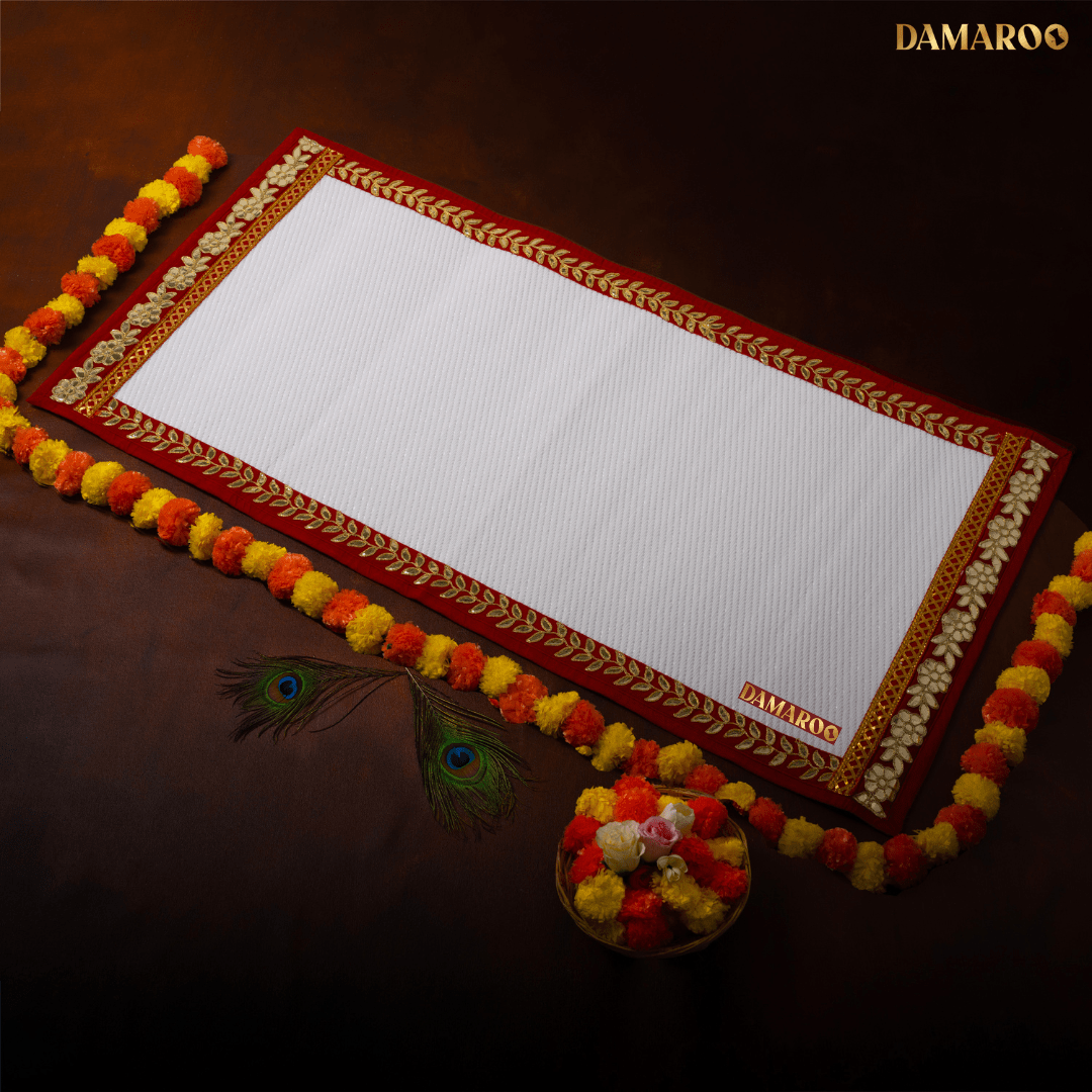 Damaroo 2x4 ft | Classic Nylon Pooja Couple Mat | Red Gotapatti Border - White - Distacart