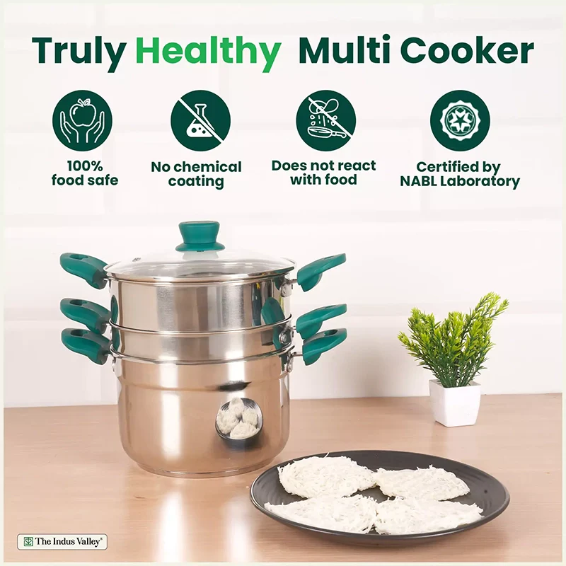 The Indus Valley Tri-steel Multi Cooker Pot Premium Stainless Steel Momo Maker/ Idiyappam/ Biryani/  Veg Steaming Set, 3 Pots, 21cm