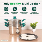 Thumbnail for The Indus Valley Tri-steel Multi Cooker Pot Premium Stainless Steel Momo Maker/ Idiyappam/ Biryani/  Veg Steaming Set, 3 Pots, 21cm