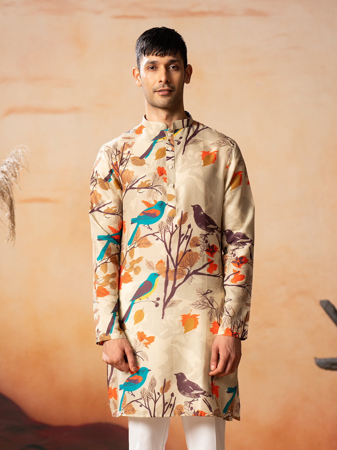 Serenity Bird Themed Print Cotton Kurta by Hilo Design - Distacart