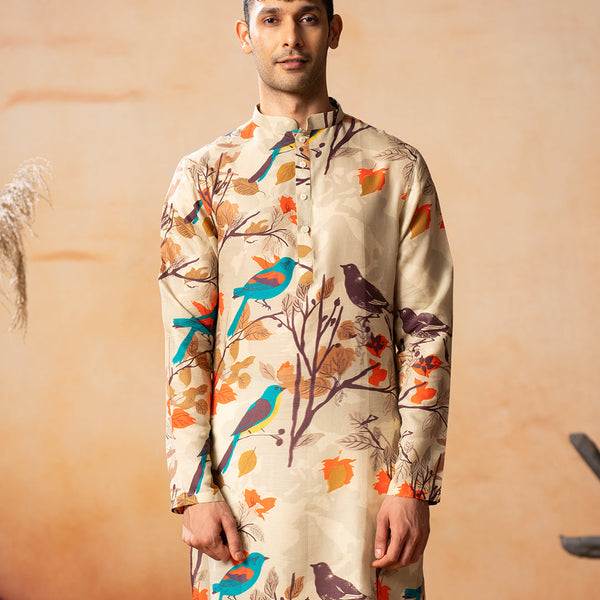 Serenity Bird Themed Print Cotton Kurta by Hilo Design - Distacart