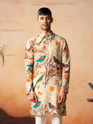 Serenity Bird Themed Print Cotton Kurta by Hilo Design - Distacart
