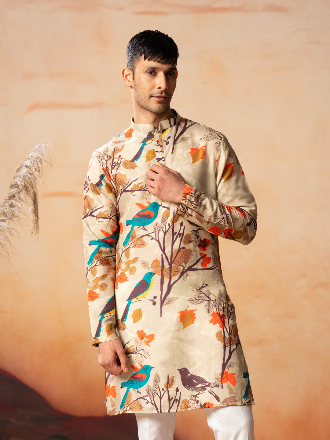 Serenity Bird Themed Print Cotton Kurta by Hilo Design - Distacart