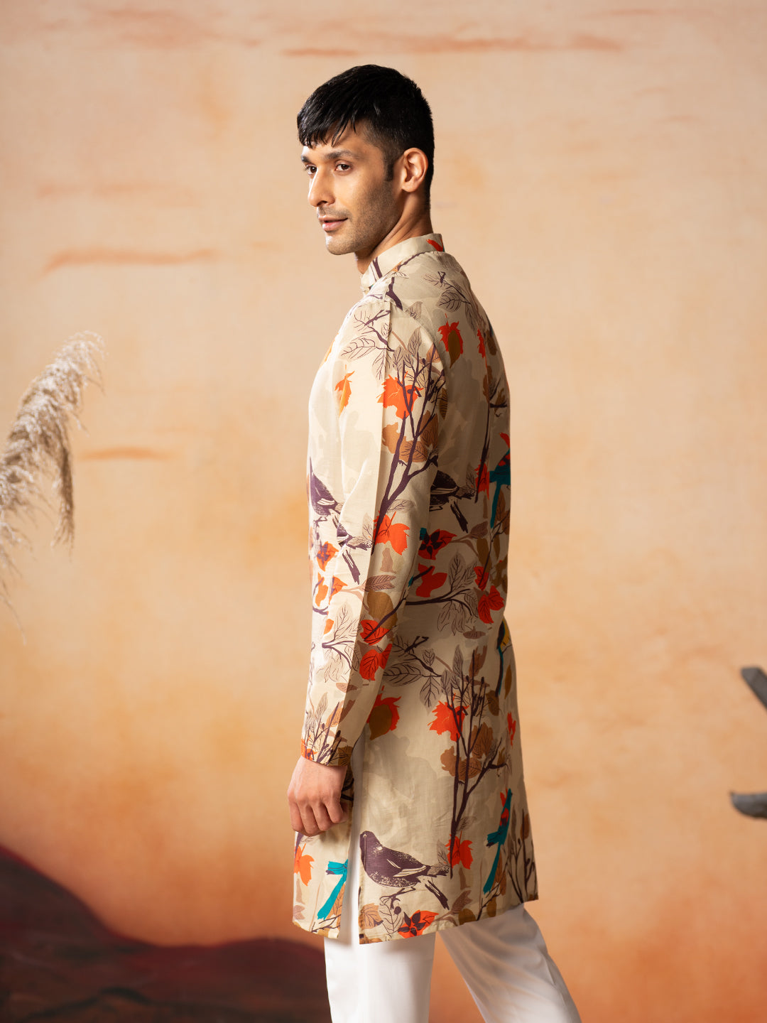Serenity Bird Themed Print Cotton Kurta by Hilo Design - Distacart