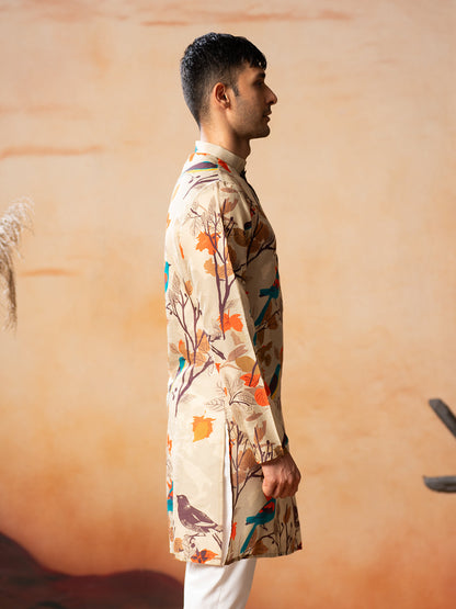 Serenity Bird Themed Print Cotton Kurta by Hilo Design - Distacart