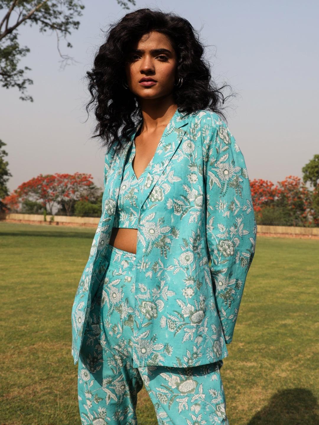 trueBrowns Turquoise Cotton Block Print Pant Suit Set - Distacart