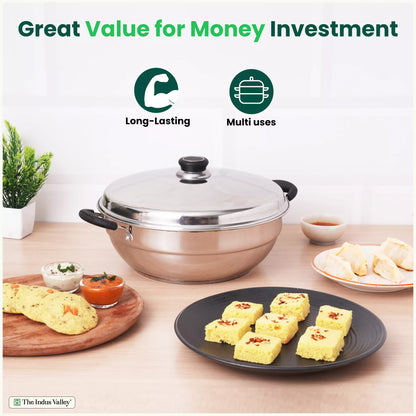 The Indus Valley 14 Pit Tri-Steel Multi Pot Premium Stainless Steel Idli/ Dhokla/ Momo Maker/  Veg Steaming Set, Tri-ply Induction Bottom, 5 Plates, 4.2L, 2.5kg - Distacart