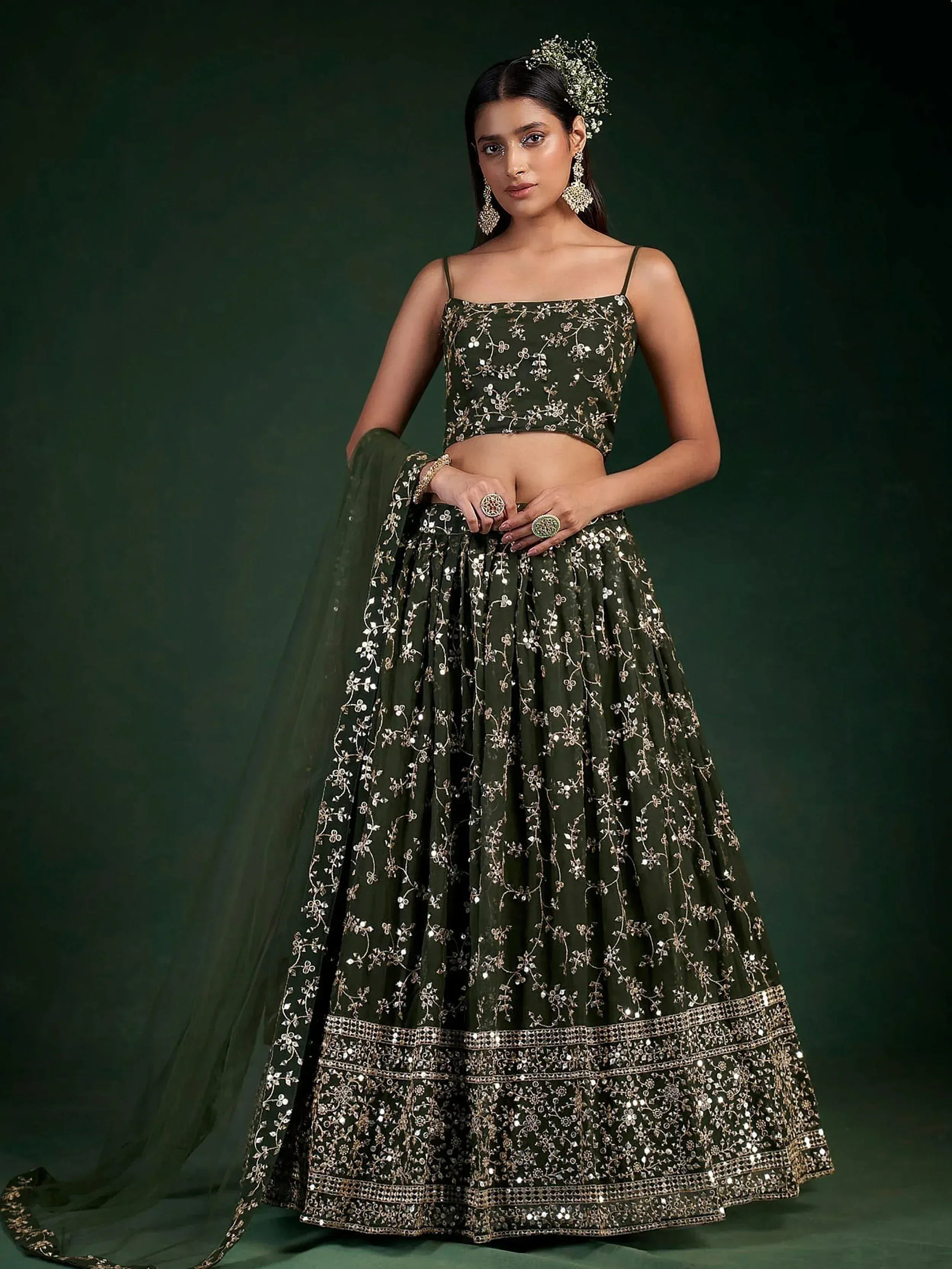 Tulsi Art Desirable Olive Green Sequins Embroidered Georgette Lehenga Choli - Dista