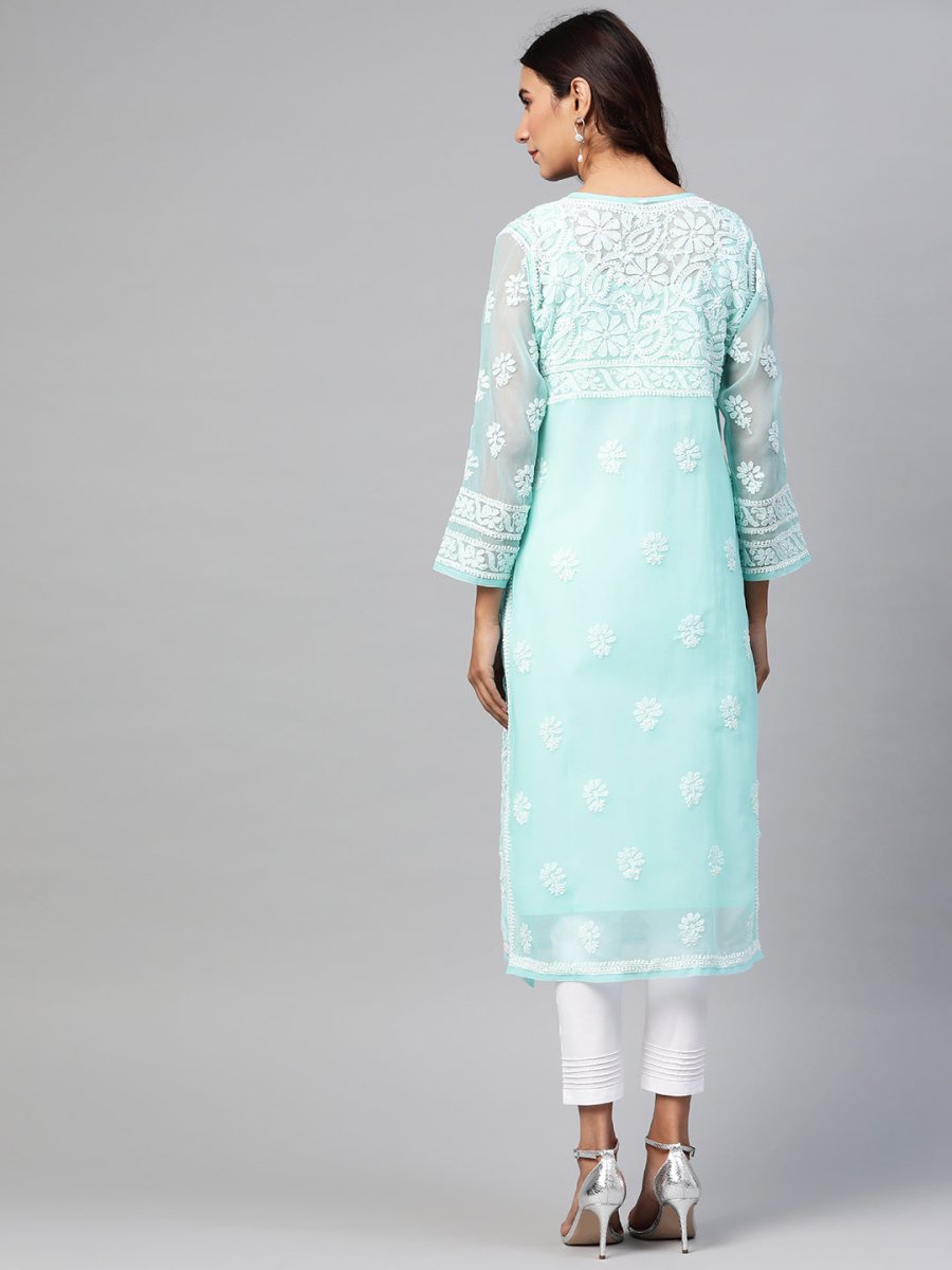 ADA Women Turquoise Blue & White Chikankari Embroidered Sustainable Handloom Kurta with Trousers & Inner - Distacart