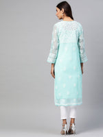Thumbnail for ADA Women Turquoise Blue & White Chikankari Embroidered Sustainable Handloom Kurta with Trousers & Inner - Distacart