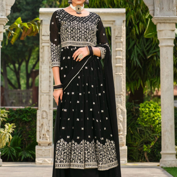 Anaita Black Faux Georgette Plazzo Suit With Embroidery & Sequins Work - Distacart