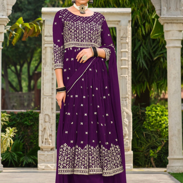 Anaita Purple Faux Georgette Plazzo Suit With Embroidery & Sequins Work - Distacart