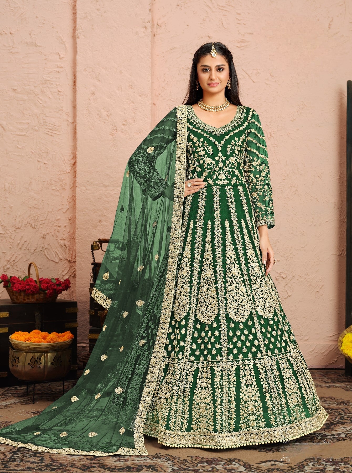 Anaita Green Embroidered Net Anarkali Suit - Distacart