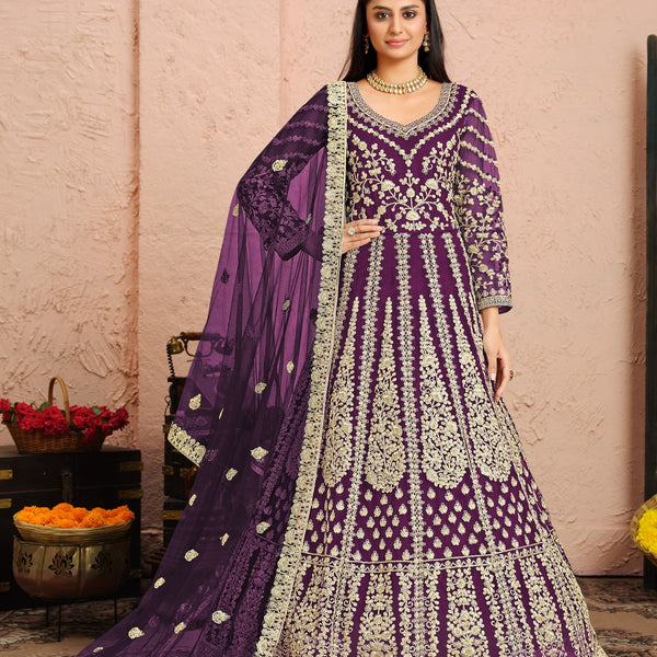 Anaita Purple Embroidered Net Anarkali Suit - Distacart