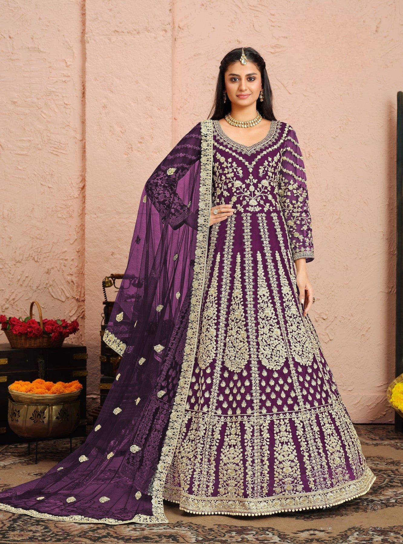 Anaita Purple Embroidered Net Anarkali Suit - Distacart