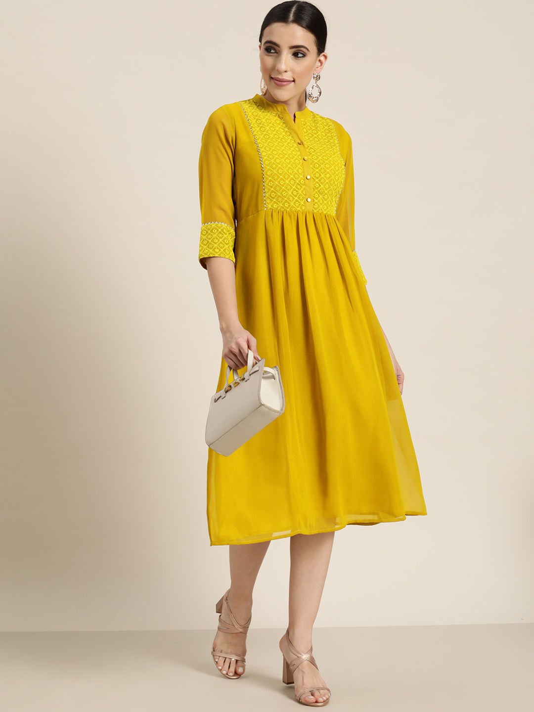Juniper Mustard Georgette Lacy Midi Dress With Yoke Embroidery & Show Buttons - Distacart