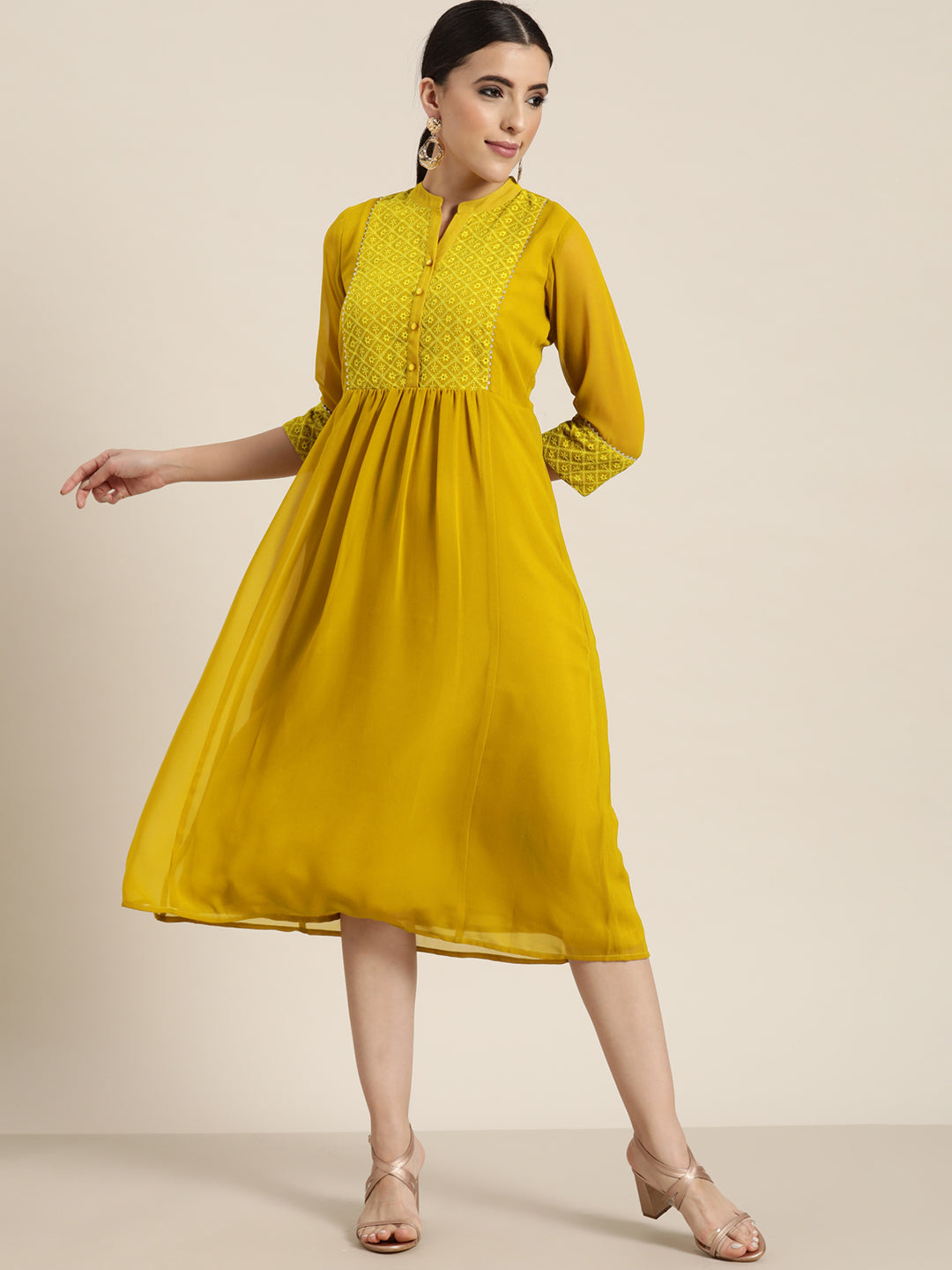 Juniper Mustard Georgette Lacy Midi Dress With Yoke Embroidery & Show Buttons - Distacart
