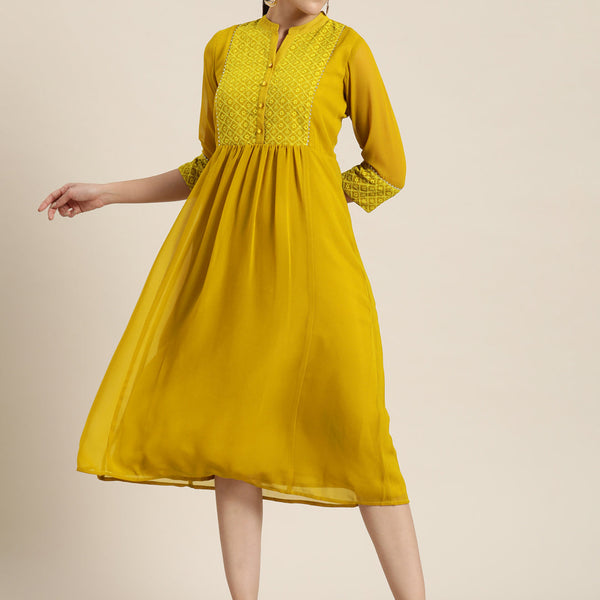 Juniper Mustard Georgette Lacy Midi Dress With Yoke Embroidery & Show Buttons - Distacart