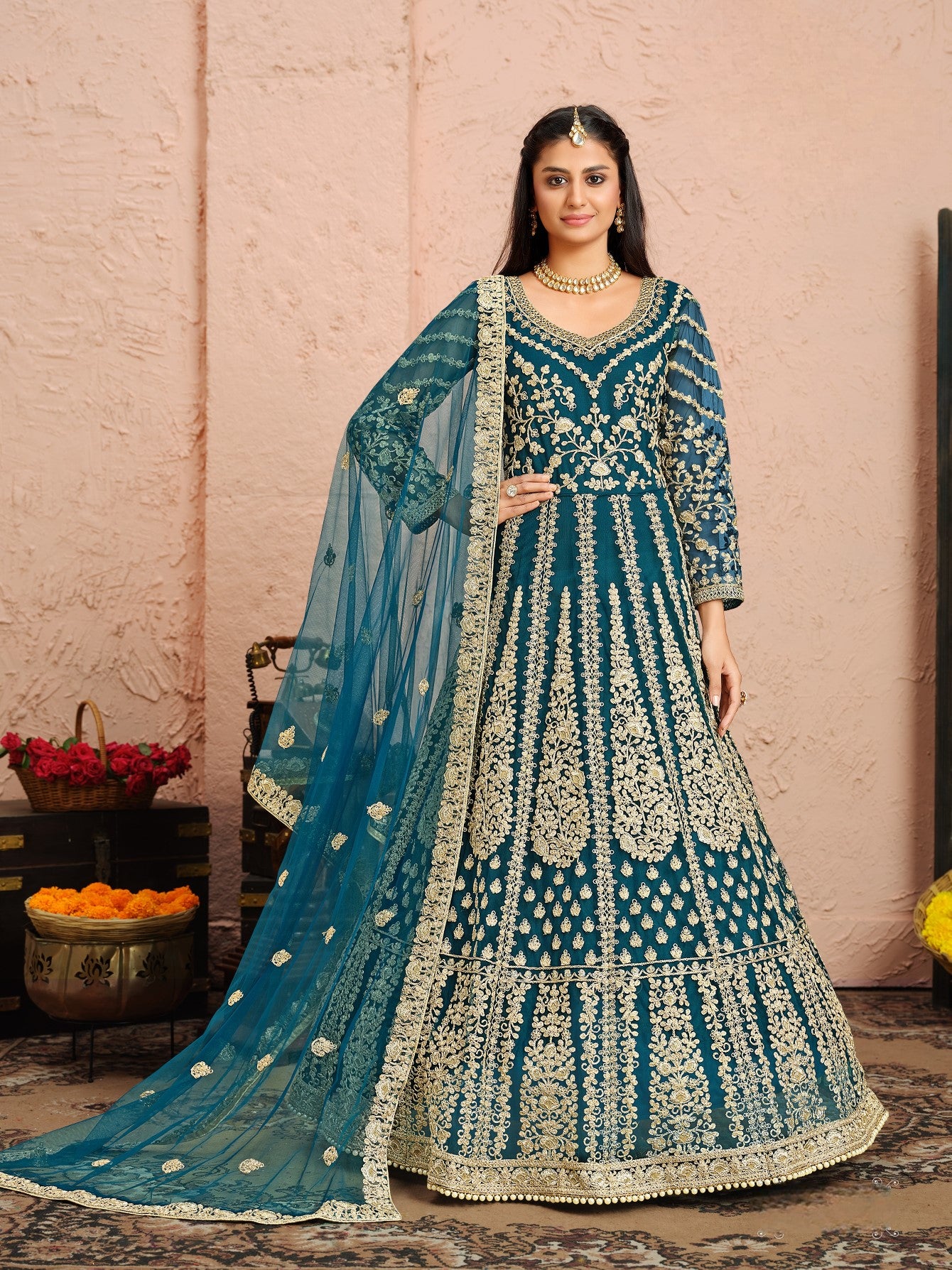 Anaita Teal Embroidered Net Anarkali Suit - Distacart
