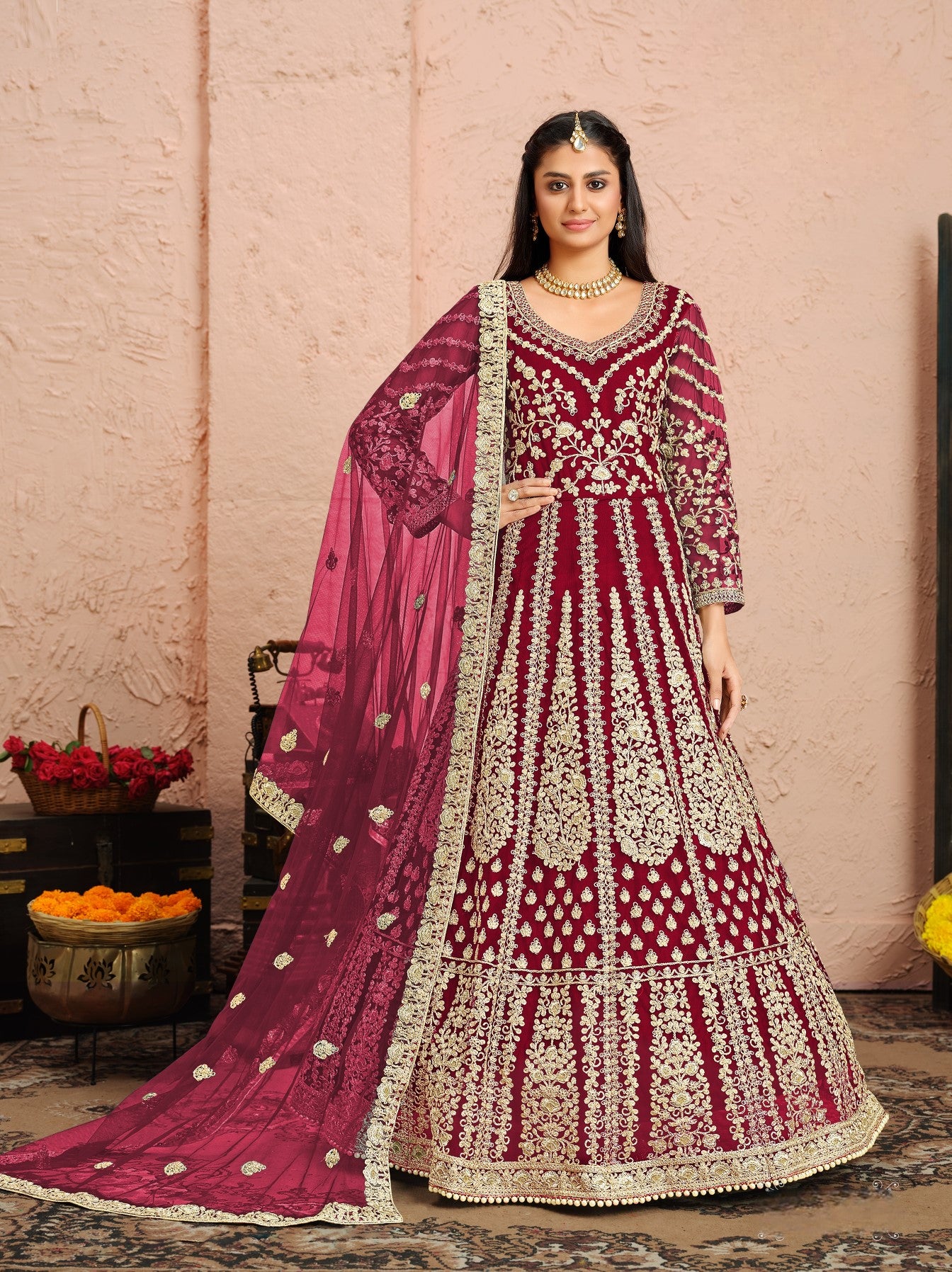 Anaita Pink Embroidered Net Anarkali Suit - Distacart