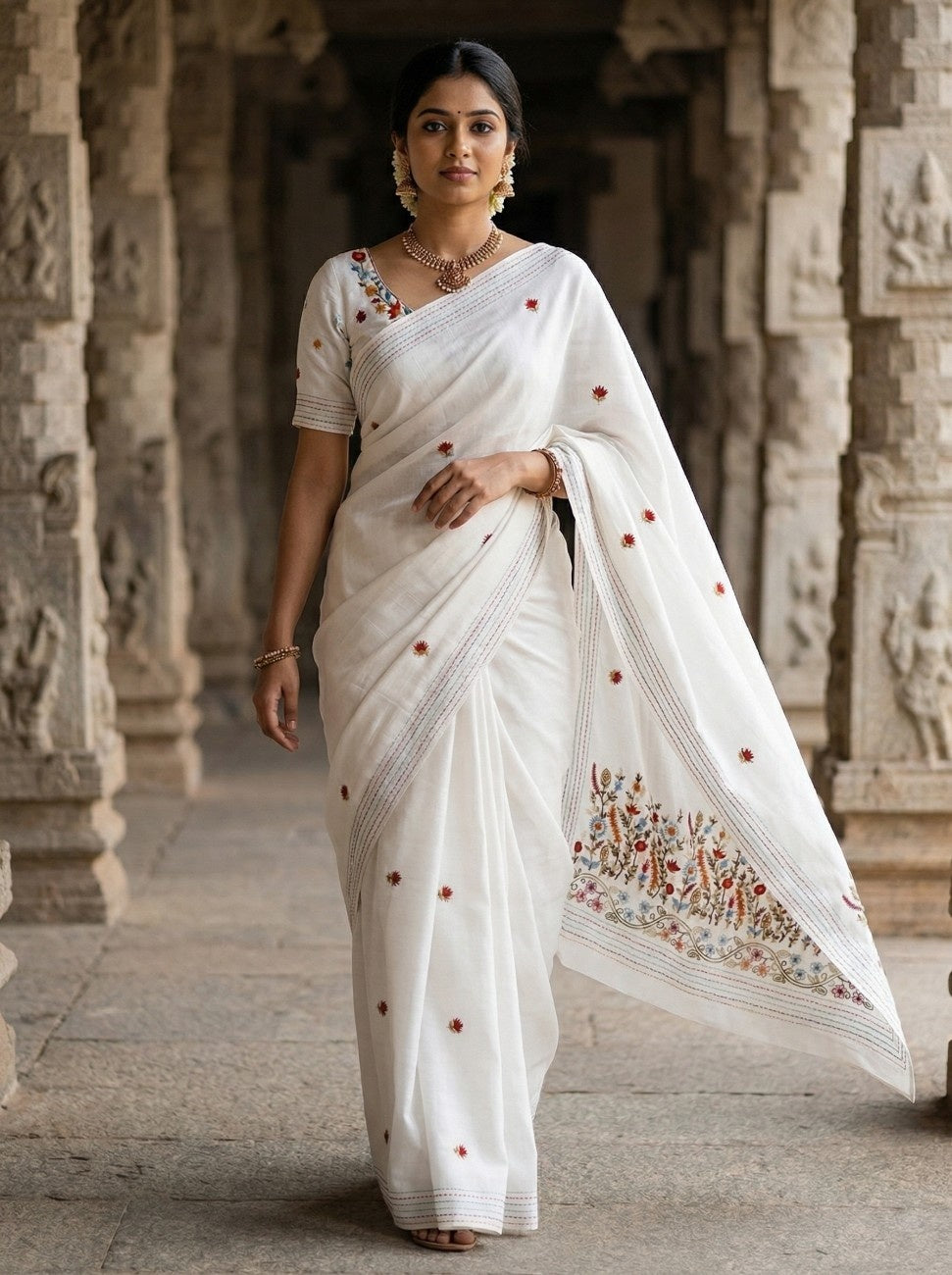 Mameraa Sarees White Pure Loom Tussar Saree With All Over Designer Embroidery-White - Dista