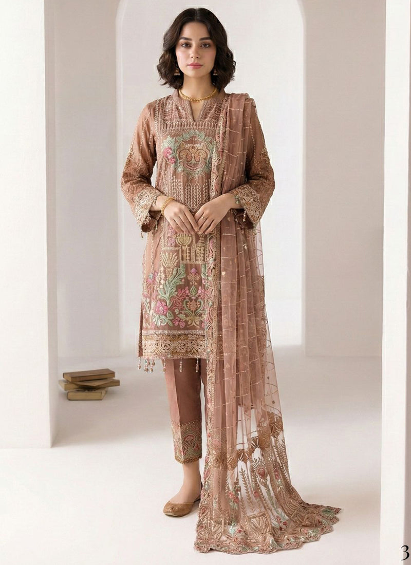 Vegaa Fashion Light Brown Georgette Embroidered Designer Salwar Suit