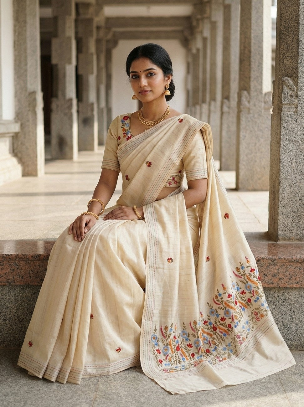 Mameraa Sarees Cream Pure Loom Tussar Saree With All Over Designer Embroidery-Cream - Dista